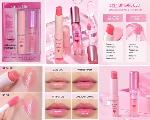 Crazy Girl 2 In 1 Color Changing Lip Balm & Lip Oil Set, Moisturizing Pink Lip Care Duo with Hydrating Gloss Finish,