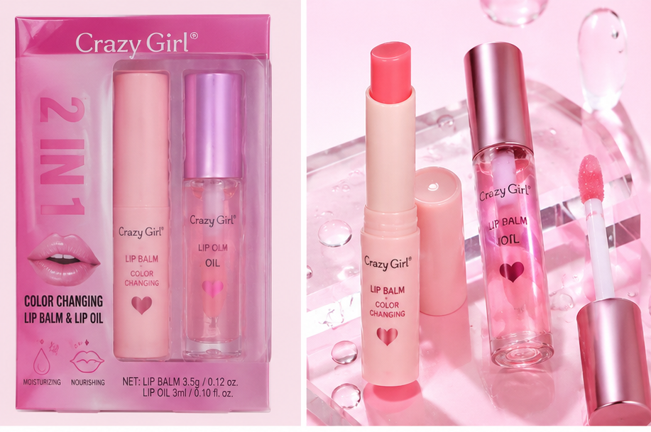 Crazy Girl 2 In 1 Color Changing Lip Balm & Lip Oil Set, Moisturizing Pink Lip Care Duo with Hydrating Gloss Finish,