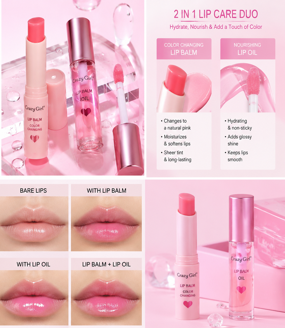 Crazy Girl 2 In 1 Color Changing Lip Balm & Lip Oil Set, Moisturizing Pink Lip Care Duo with Hydrating Gloss Finish,